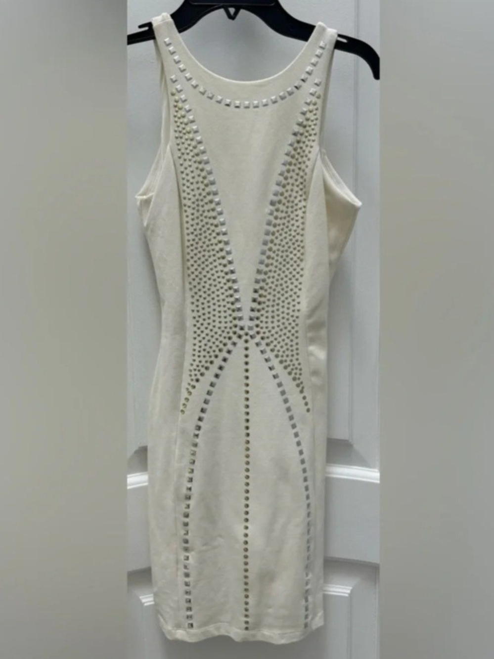 BeBe Addiction Off White with Gold and Silver Stud Bodycon Dress